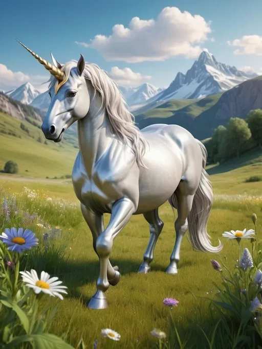 Prompt: beautiful tranquil field with green grass and wildflowers, blue sky, mountains in the background, beautiful lighting. silver unicorn with wings and a gold horn, grazing on the field. high resolution, realistic, 3d