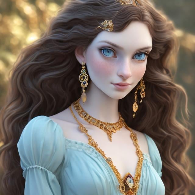 Prompt: A beautiful woman with long, wavy dark brown hair, aquamarine eyes, and pale skin. Wearing a sky blue dress with gold jewelry. Detailed face, detailed eyes, detailed body, waist up.