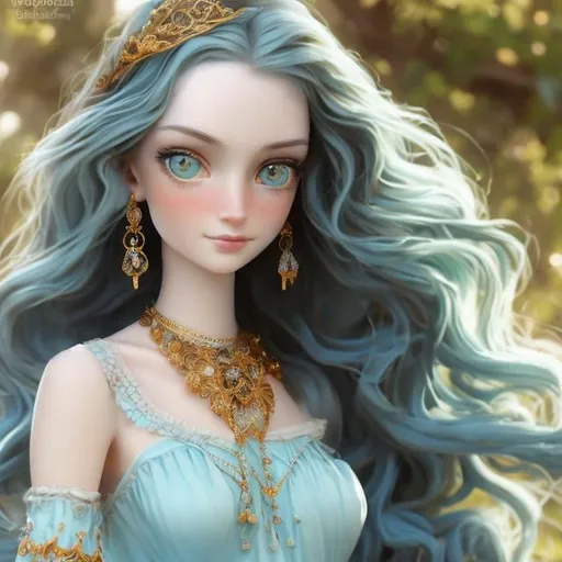 Prompt: A beautiful woman with long, wavy dark brown hair, aquamarine eyes, and pale skin. Wearing a sky blue dress with gold jewelry. Detailed face, detailed eyes, detailed body, waist up.