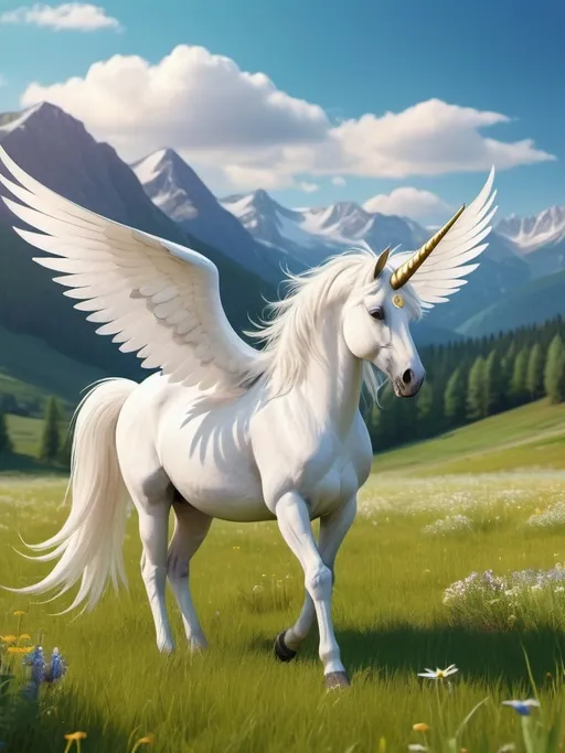 Prompt: beautiful tranquil field with green grass and wildflowers, blue sky, mountains in the background, beautiful lighting. white alicorn with large white feathery wings and a gold horn, grazing on the field. high resolution, realistic, 3d