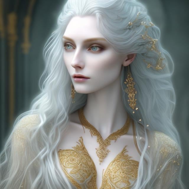 Prompt: Beautiful tall woman with pale skin, long wavy silvery-white hair, teal eyes, pale blue dress, gold jewelry, golden embroidery, high quality, fantasy, ethereal, detailed features, flowing hair, elegant, pale tones, mystical lighting