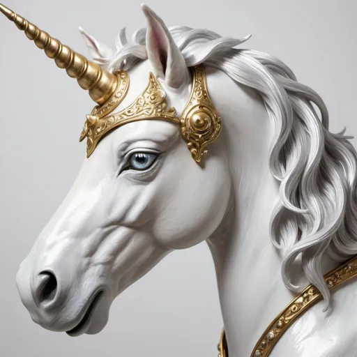 Prompt: A silvery unicorn with a gold horn and white fur, detailed
