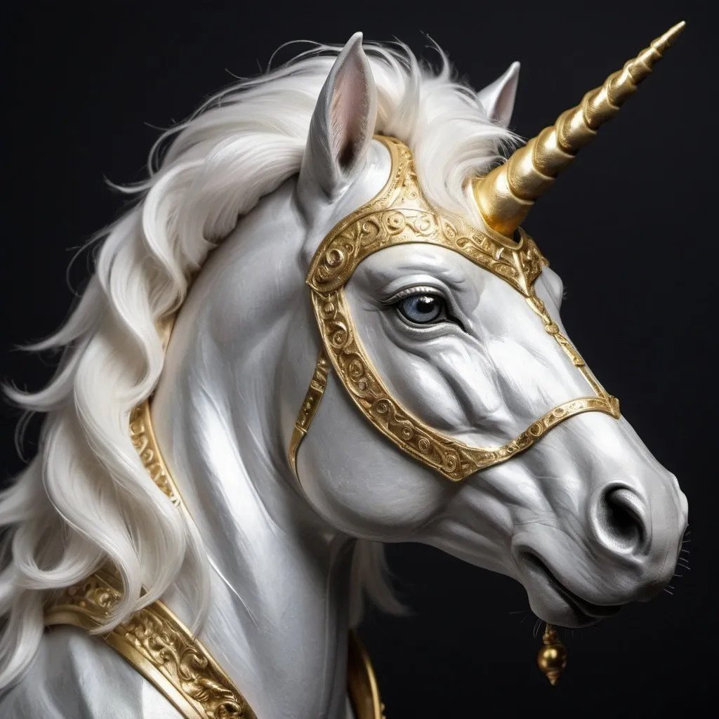 Prompt: A silvery unicorn with a gold horn and white fur, detailed
