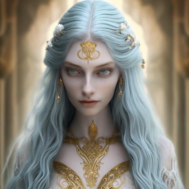 Prompt: Beautiful tall woman with pale skin, long wavy silvery-white hair, teal eyes, pale blue dress, gold jewelery, golden embroidery, high quality, fantasy, ethereal, detailed features, flowing hair, elegant, pale tones, mystical lighting