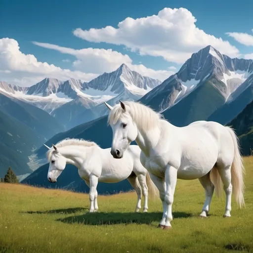 Prompt: beautiful mountain landscape with a grassy field, blue sky, mountain peaks in the background, white unicorns grazing