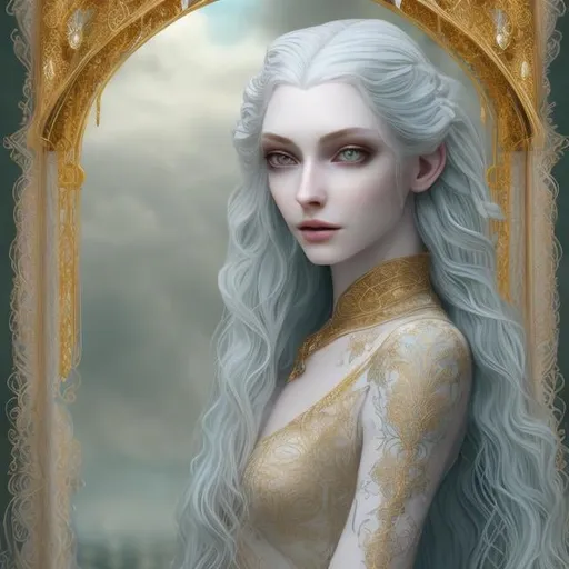Prompt: Beautiful tall woman with pale skin, long wavy silvery-white hair, teal eyes, pale blue dress, gold jewelry, golden embroidery, high quality, fantasy, ethereal, detailed features, flowing hair, elegant, pale tones, mystical lighting