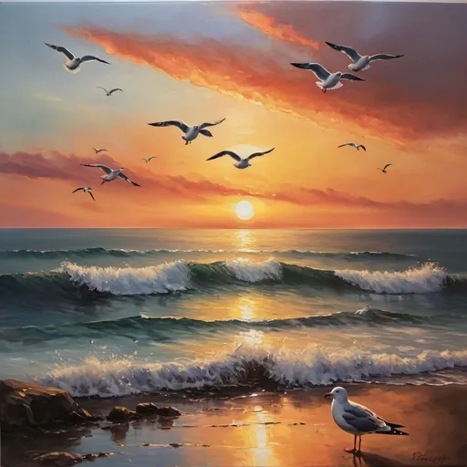 Prompt: oil painting of a sunset landscape over the ocean and seagulls flying in the background