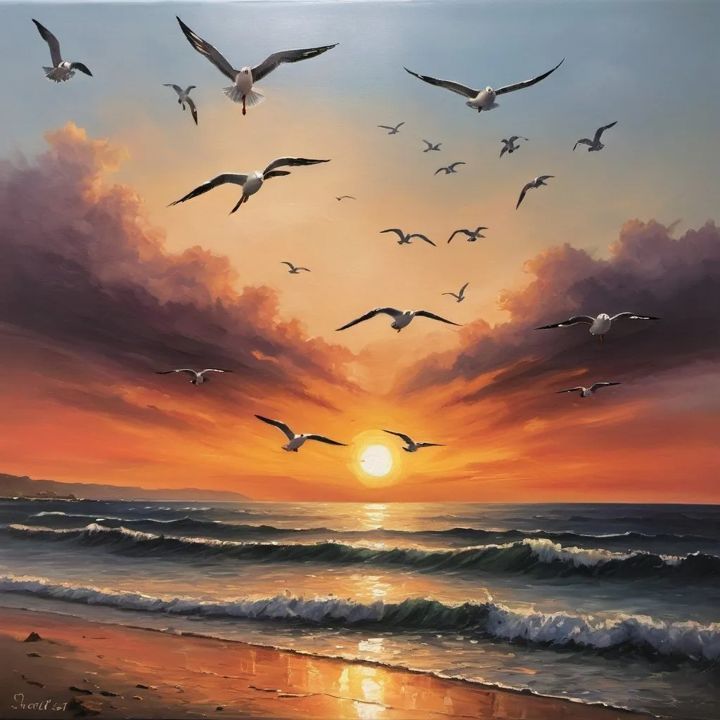 Prompt: oil painting of a sunset landscape over the ocean and seagulls flying in the background