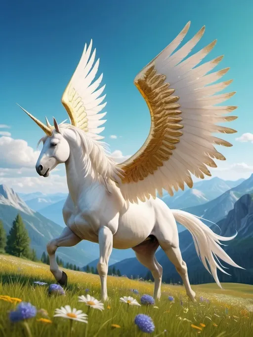Prompt: beautiful tranquil field with green grass and wildflowers, blue sky, mountains in the background, beautiful lighting. white alicorn with two enormous white feathery wings and a gold horn, grazing on the field. high resolution, realistic, 3d