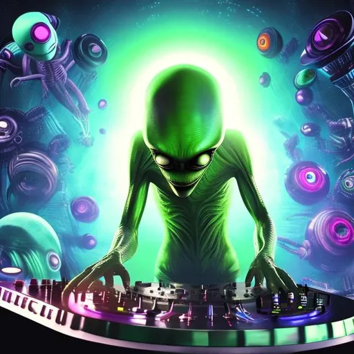 Prompt: Alien dj making decisions on a basis of pills and techno, scifi, high definition, realistic
