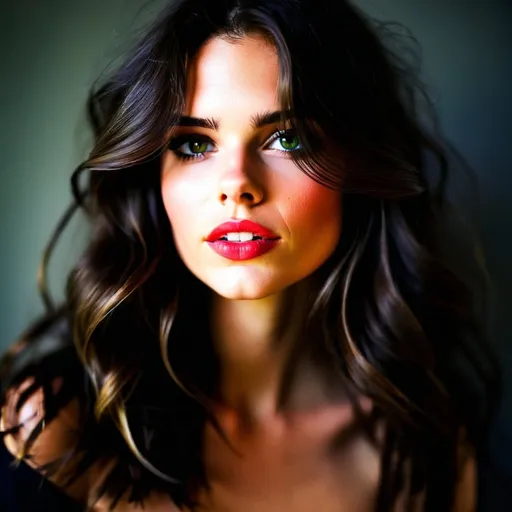 Prompt: This is a high-resolution, close-up photograph of a young woman with a striking, natural beauty. She has long, wavy, dark brown hair with subtle red highlights that frame her face and fall past her shoulders. Her skin is smooth and has a warm, slightly tanned complexion. She has well-defined eyebrows, large, almond-shaped brown eyes with a subtle shimmer, and full, pinkish-brown lips that are slightly parted, revealing a hint of her teeth. She is wearing a black top that contrasts with her skin tone and hair. The background is a soft, blurred gradient of dark green and gray, which helps to keep the focus on her face. The lighting is soft and natural, highlighting her facial features and creating gentle shadows that add depth to the image. Her expression is neutral, with a slight hint of curiosity or contemplation in her green eyes. The photograph has a realistic, yet slightly stylized quality, emphasizing the natural beauty and elegance of the subject. The image is sharply focused on her face, with a shallow depth of field that blurs the background, drawing attention to her features.