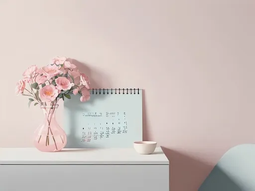 Prompt: Minimalist pastel still life illustration of a small desk calendar flipped to February, elegant serif typography showing the month "February", soft pink and blush flowers in a clear glass vase beside it, delicate petals slightly falling on the table, light pastel blue wall background, gentle warm morning sunlight coming from the side, soft shadows, lots of negative space, airy composition, muted pastel color palette with blush pink, cream, baby blue and light beige, low contrast, smooth soft shading, flat digital illustration style, simple clean shapes, subtle paper grain texture, matte finish, cozy romantic mood, korean aesthetic wallpaper style, calm and wholesome atmosphere, minimal details, high resolution 4k