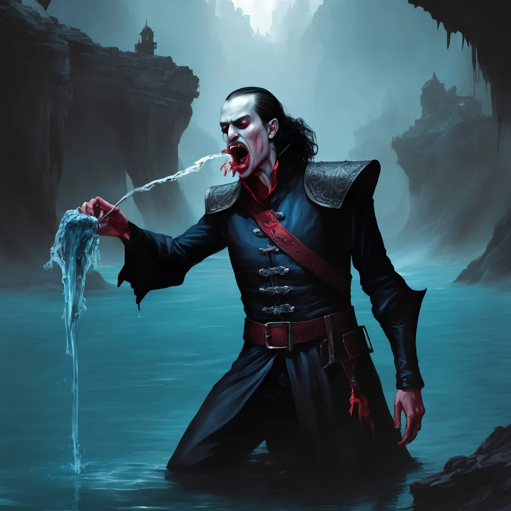 Prompt: Fantasy art of a conquistador vampire vomiting blue water