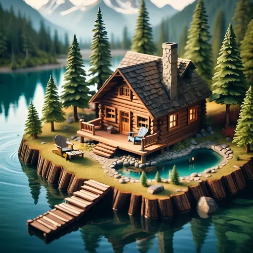 Prompt: miniature isometric world render featuring a cabin surrounded by a clear lake, rocking chair on porch, strong bark texture on logs, smoke coming from chimney. Pacific Northwest, lush evergreen forest, majestic mountains in the background, serene atmosphere, vibrant greens and blues, warm natural lighting, detailed reflections in water, cloudy sky, highly-detailed environment, rich color palette, visually stunning composition.