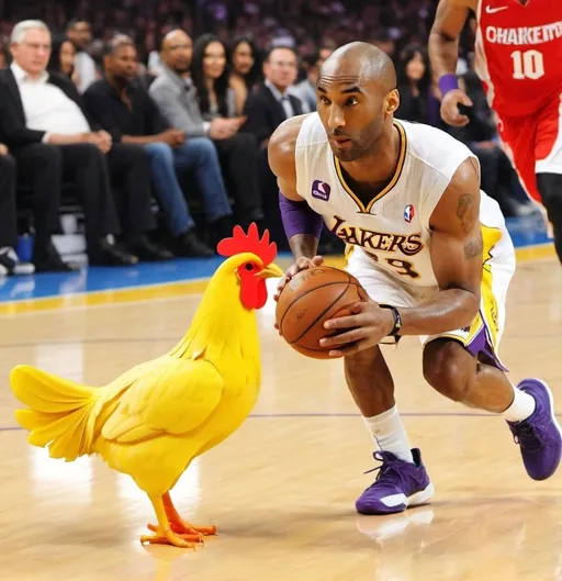 Prompt: Kobe ,big banana,chicken playing basketbal with Kobe