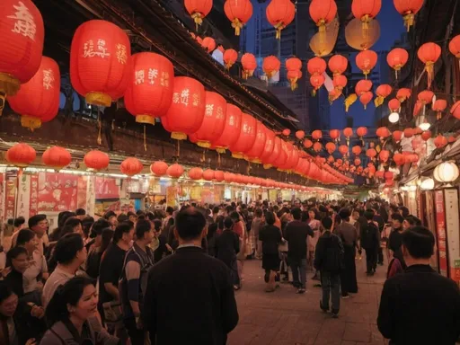 Prompt: Spring festival in Hongkong,mooncake,lanterns,people with smile