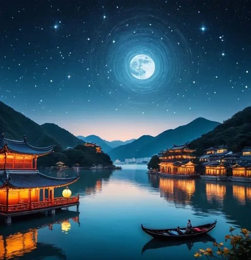 Prompt: The mid-autumn festival in Hongkong,in the lake ,starry sky,Van Goudh style,dreamy atomosphere
