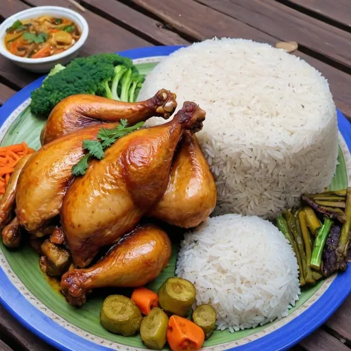 Prompt: big fride chicken with vegitable rice rice in the table with village vibe
Q
