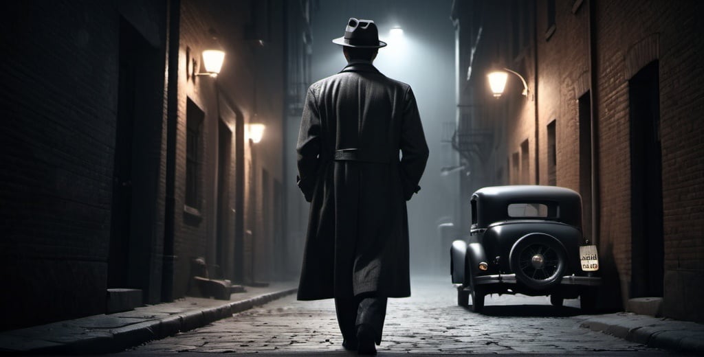 Prompt: 1930 detective on a mistic dark night  in the city,A mystery figure can be seen strolling down a dark alley, cinematic pose, night, blowing wind, hyper realistic, extremely detailed, dark cinematic, high resolution, 4K, full body, with a brick road, a women walking to him from behind as he leans on a 1960 car more reallistic,