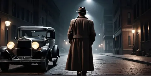 Prompt: 1930 detective on a mistic dark night  in the city,A mystery figure can be seen , cinematic pose, night, blowing wind, hyper realistic, extremely detailed, dark cinematic, high resolution, 4K, full body, with a brick road, a women walking to him from behind as he leans on a 1960 car more reallistic,