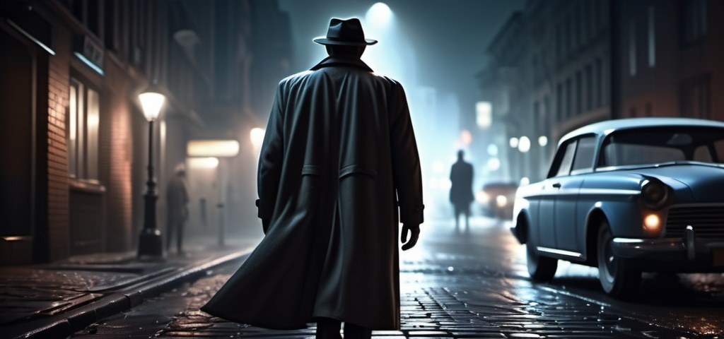 Prompt: year 3000 detective on a mistic dark night in the city,A mystery figure can be seen , cinematic pose, night, blowing wind, hyper realistic, extremely detailed, dark cinematic, high resolution, 4K, full body, with a brick road, a women walking to him from behind as he leans on a 1960 car more reallistic,