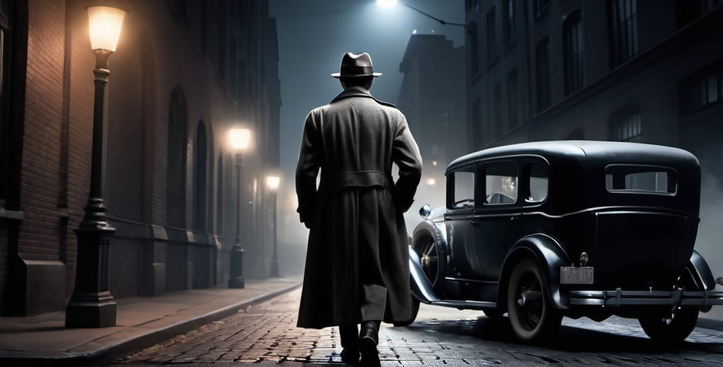 Prompt: 1930 detective on a mistic dark night  in the city,A mystery figure can be seen , cinematic pose, night, blowing wind, hyper realistic, extremely detailed, dark cinematic, high resolution, 4K, full body, with a brick road, a women walking to him from behind as he leans on a 1960 car more reallistic,