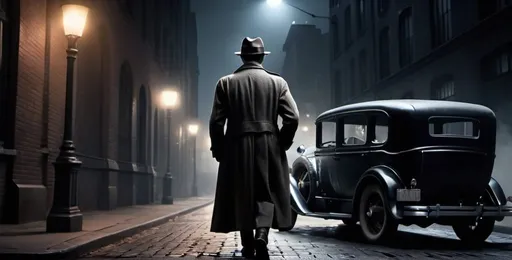 Prompt: 1930 detective on a mistic dark night  in the city,A mystery figure can be seen , cinematic pose, night, blowing wind, hyper realistic, extremely detailed, dark cinematic, high resolution, 4K, full body, with a brick road, a women walking to him from behind as he leans on a 1960 car more reallistic,