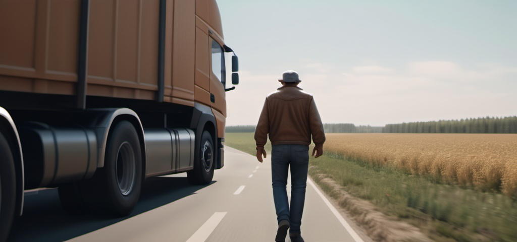 Prompt: A truck driver on a sunny day in the country, A mystery figure can be seen , cinematic pose,  blowing wind, hyper realistic, extremely detailed, dark cinematic, high resolution, 4K, full body, walking , most reallistic,