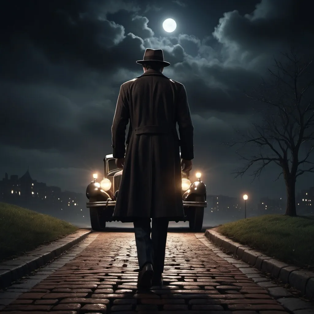 Prompt: detective on a mistic dark night in the city,A mystery figure can be seen , cinematic pose on a hill , night, blowing wind, hyper realistic, extremely detailed, dark cinematic, very high resolution, 4K, full body, with a brick road, a women walking to him from behind as he leans on a 1930s car more reallistic, 3d