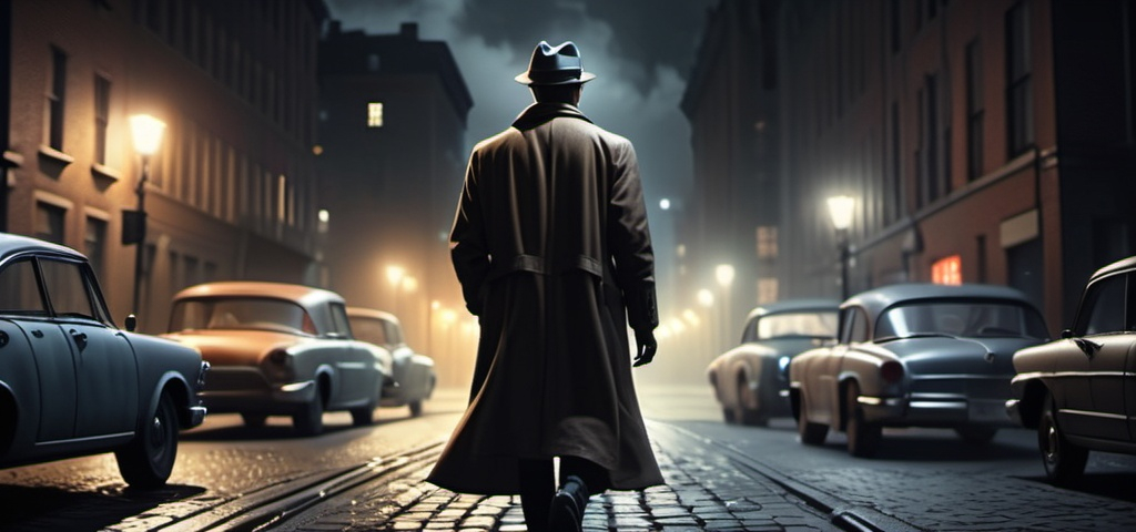 Prompt: 2000 detective on a mistic dark night in the city,A mystery figure can be seen , cinematic pose, night, blowing wind, hyper realistic, extremely detailed, dark cinematic, high resolution, 4K, full body, with a brick road, a women walking to him from behind as he leans on a 1960 car more reallistic,