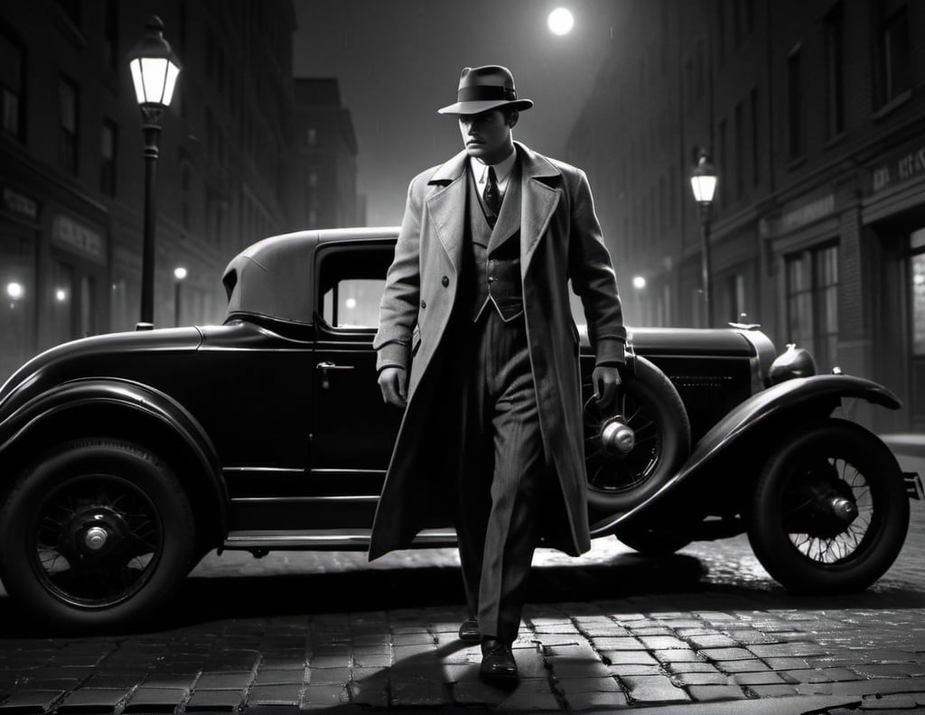 Prompt: 1930 detective on a mistic dark night  in the city, cinematic pose, night, blowing wind, hyper realistic, extremely detailed, dark cinematic, high resolution, 4K black and white, full body, with a brick road, a women walking to him from behide as he leans on a 1930 car