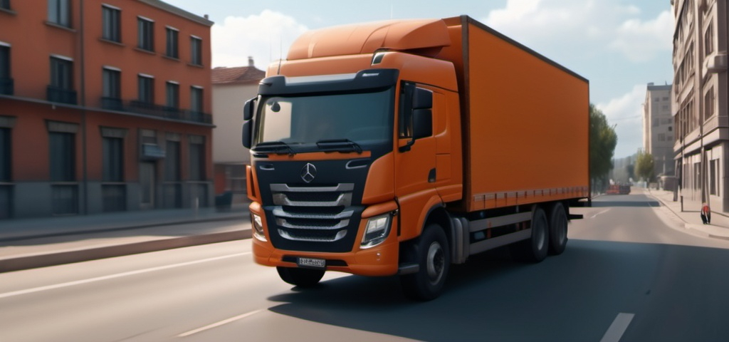 Prompt: A heavy load truck  on a sunny day in the orange backgrond city roads, coming at you,  blowing wind, hyper realistic, extremely detailed, dark cinematic, high resolution, 4K, full body, walking , most reallistic,