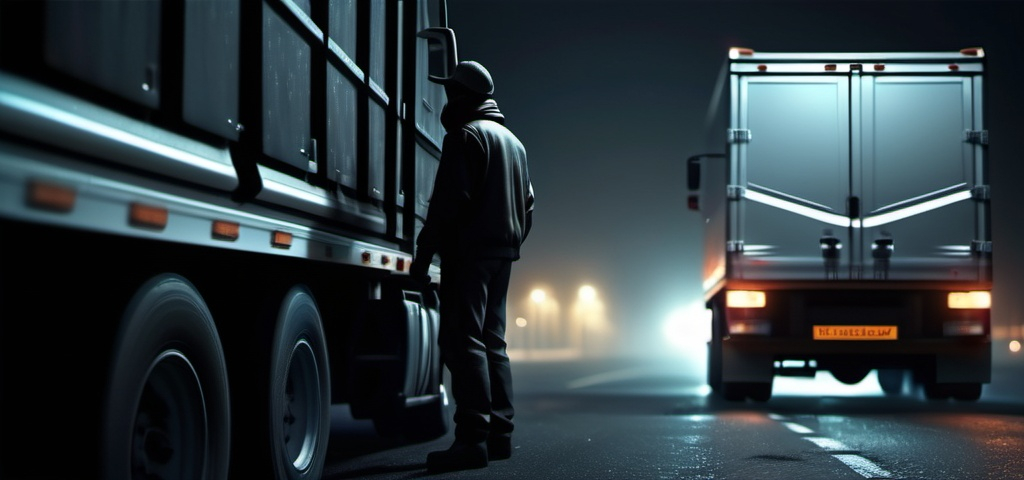 Prompt: A truck driver on a mistic dark night in the city,A mystery figure can be seen , cinematic pose, night, blowing wind, hyper realistic, extremely detailed, dark cinematic, high resolution, 4K, full body, walking  from behind as he leans on a  truck more reallistic,