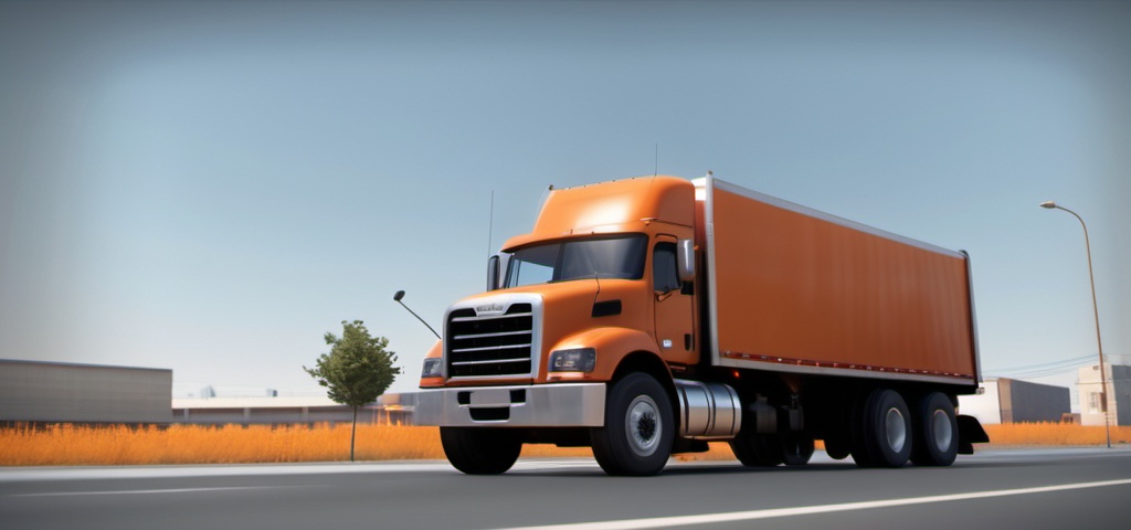 Prompt: A heavy load truck  on a sunny day in the orange backgrond city roads, mack truck, in the mittle coming at you,  blowing wind, hyper realistic, extremely detailed, dark , high resolution, 4K, full body, walking , most reallistic,