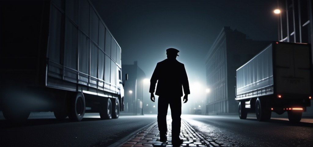 Prompt: A truck driver on a mistic dark night in the city,A mystery figure can be seen , cinematic pose, night, blowing wind, hyper realistic, extremely detailed, dark cinematic, high resolution, 4K, full body, with a brick road, a women walking to him from behind as he leans on a 1960 truck more reallistic,