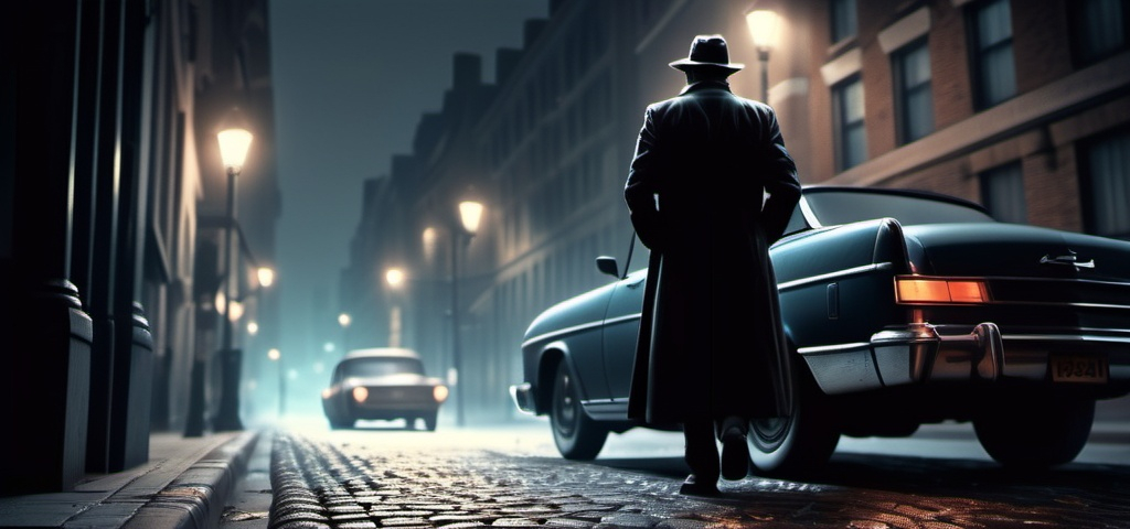 Prompt: 2024 detective on a mistic dark night in the city,A mystery figure can be seen , cinematic pose, night, blowing wind, hyper realistic, extremely detailed, dark cinematic, high resolution, 4K, full body, with a brick road, a women walking to him from behind as he leans on a 1960 car more reallistic,