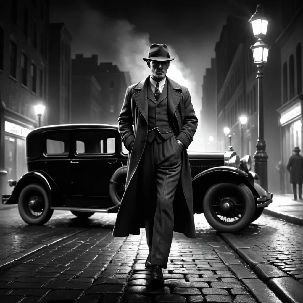 Prompt: 1930 detective on a mistic dark night  in the city, cinematic pose, night, blowing wind, hyper realistic, extremely detailed, dark cinematic, high resolution, 4K black and white, full body, with a brick road, a women walking to him from behide as he leans on a 1930 car