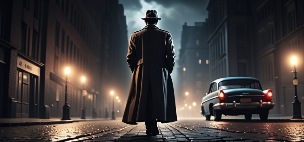 Prompt: detective on a mistic dark night in the city,A mystery figure can be seen , cinematic pose, night, blowing wind, hyper realistic, extremely detailed, dark cinematic, high resolution, 4K, full body, with a brick road, a women walking to him from behind as he leans on a 1960 car more reallistic,