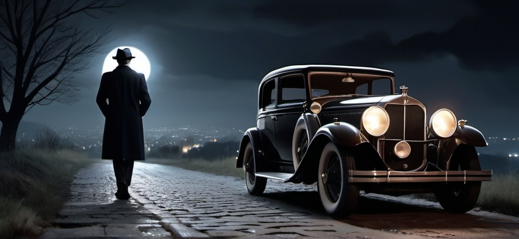 Prompt: detective on a mistic dark night in the city,A mystery figure can be seen , cinematic pose on a hill , night, blowing wind, hyper realistic, extremely detailed, dark cinematic, very high resolution, 4K, full body, with a brick road, a women walking to him from behind as he leans on a 1930s car more reallistic, 3d