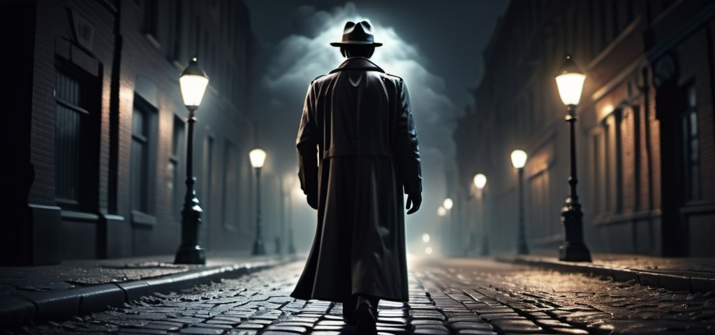 Prompt: detective on a mistic dark night in the city,A mystery figure can be seen , cinematic pose, night, blowing wind, hyper realistic, extremely detailed, dark cinematic, high resolution, 4K, full body, with a brick road, a women walking to him from  more reallistic,