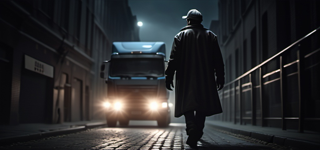 Prompt: A truck driver on a mistic dark night in the city,A mystery figure can be seen , cinematic pose, night, blowing wind, hyper realistic, extremely detailed, dark cinematic, high resolution, 4K, full body, with a brick road, a women walking to him from behind as he leans on a  truck more reallistic,