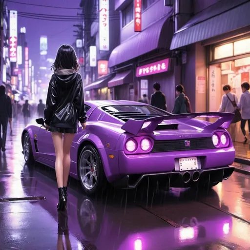 Prompt: Porce sport car I'm City Tokyo under purple lights in rain with one open door for the passenger while a girl is walking for the car and just the heels and legs can be seen from the back while she is walking anime style 