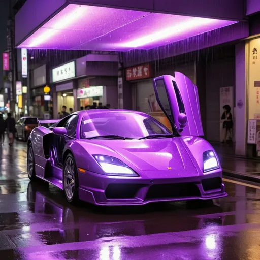 Prompt: Porce sport car I'm City Tokyo under purple lights in rain with one open door for the passenger 