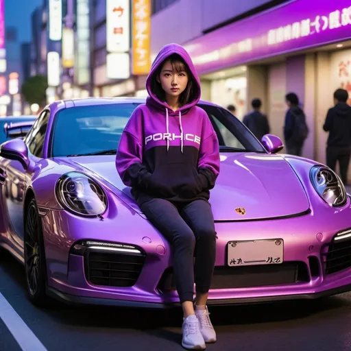 Prompt: Girl in purple hoodie driving a sport porche car in tokyo City under purple lights 