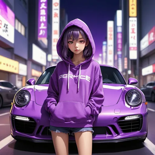 Prompt: Girl in purple hoodie driving a sport porche car in tokyo City under purple lights anime style