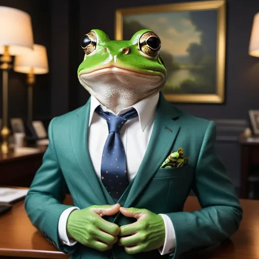 Prompt: describe an image prompt for a sophisticated frog dressed up handsomely with a beautiful business background and a captivating look.

