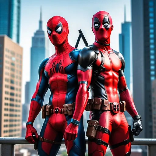 Prompt: spiderman and deadpool standing together 


