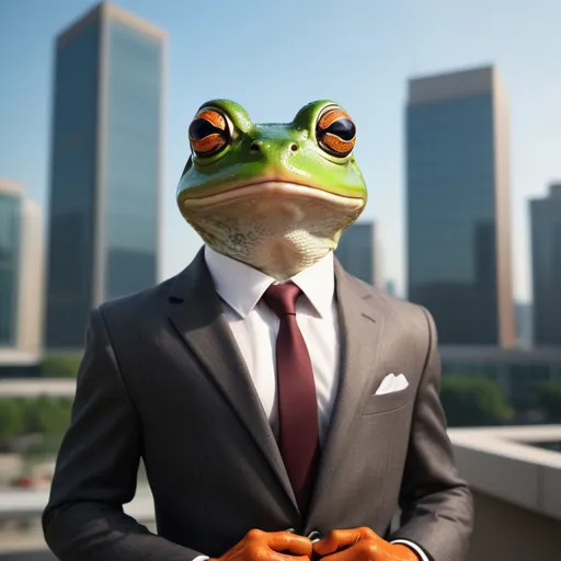 Prompt: generate image prompt for a sophisticated frog dressed up handsomely with a beautiful business background and a captivating look.
