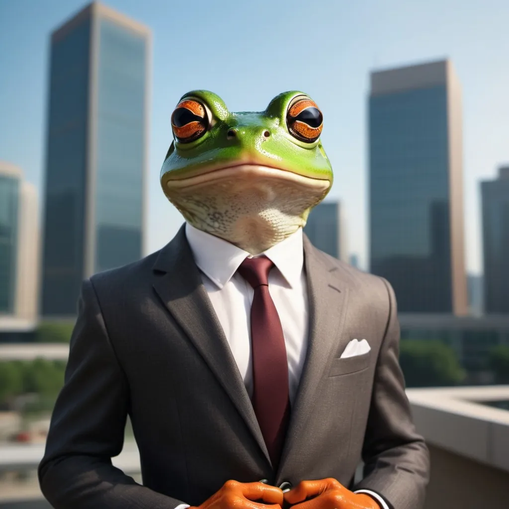 Prompt: generate image prompt for a sophisticated frog dressed up handsomely with a beautiful business background and a captivating look.
