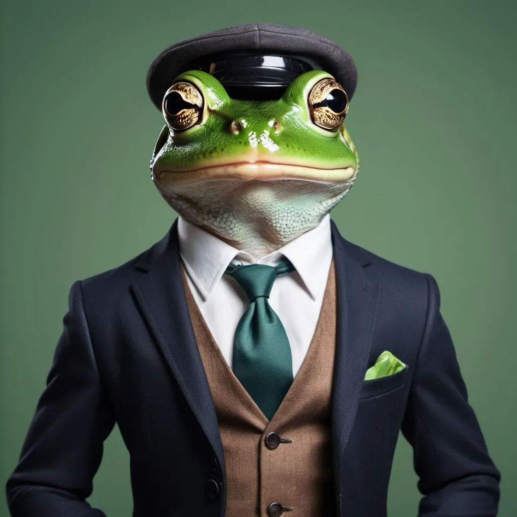 Prompt: generate image prompt for a sophisticated frog dressed up handsomely with a beautiful business background and a captivating look.
